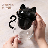 Mug à thé en verre à double paroi en forme de chat, résistant au lave-vaisselle, avec infuseur, en borosilicate, tasse mignonne de dessin animé avec poignée en forme de queue pour la maison et le bureau