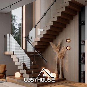 Escalera Moderna con Barandilla <span class=keywords><strong>de</strong></span> Vidrio, Escalera Recta con Plataforma, Escalera <span class=keywords><strong>de</strong></span> Acero y <span class=keywords><strong>Madera</strong></span> <span class=keywords><strong>para</strong></span> <span class=keywords><strong>Diseño</strong></span> <span class=keywords><strong>de</strong></span> <span class=keywords><strong>Interiores</strong></span> - Product Image 3