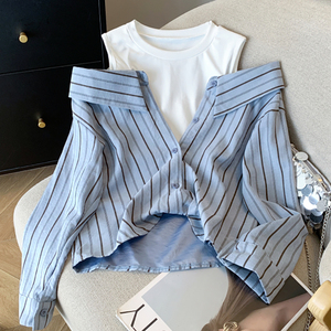Camicia da donna a <span class=keywords><strong>maniche</strong></span> <span class=keywords><strong>lunghe</strong></span> a righe con scollo rotondo e spalle scoperte, nuova collezione estiva 2026, all'ingrosso per boutique - Product Image 4