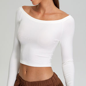 T-shirts de sport pour femmes, hauts de yoga sexy à manches longues, épaules dénudées, pour la course à pied, la salle de sport, tricot côtelé, manches longues, coupe ajustée - Product Image 2