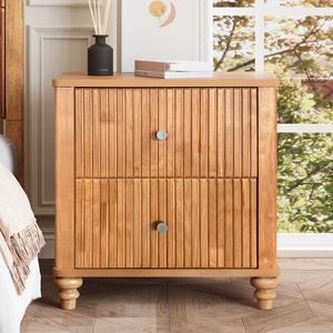 Fluted Nightstand 21.65 In Wide 3 <b>Drawer</b> Mid Century Modern Wood <b>Bedside</b> <b>Table</b> With Metal Handle - Product Image 1