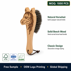 Natürliche Rosshaar-Schuhreinigungsbürste mit Salz- und Pfefferborsten, Pferdekopf-Griff, Holz-Staubbürste - Product Image 2