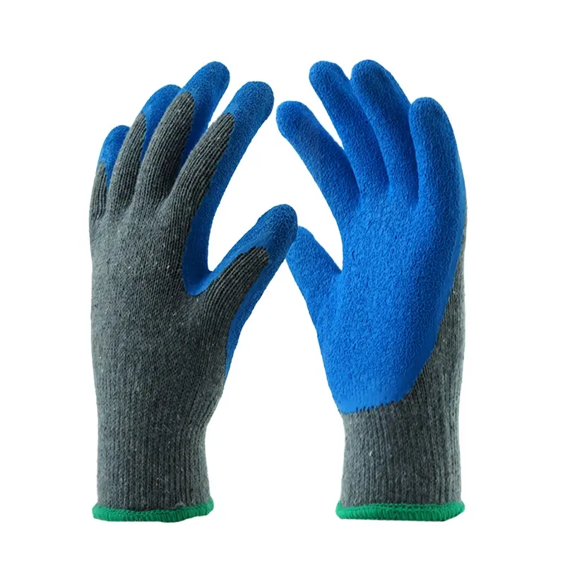 Factory Industrial Safety Anti Slip Cotton Polyester Blend Blue Rubber Grip Latex Coated Garden Work Gloves Guantes