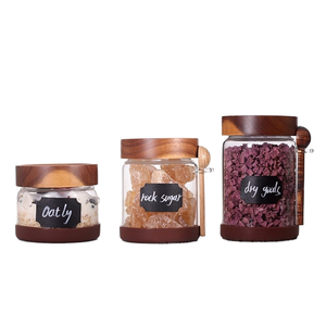 Pot de cuisine en verre borosilicate de haute qualité avec couvercle en bois d'acacia et cuillère en bois de santal – Écologique, compatible micro-ondes, fait main, classique, pour mariage et café - Product Image 1