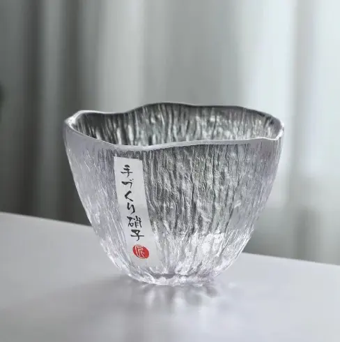 Japanese large rain drop hammer pattern small tea cup hand-blown, glass Japanese sake glass single