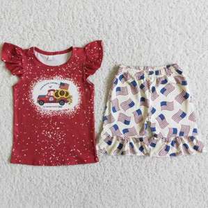 Ropa para niñas pequeñas, vestido de retazos con rayas rojas y estrellas azules, conjunto de pantalones cortos rojos con triple volante a juego - Product Image 3