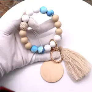 2023 New Design Floral Bracelet For Women Peach Silicone Beads Wristlet Keychain With Cotton Thread Tassel