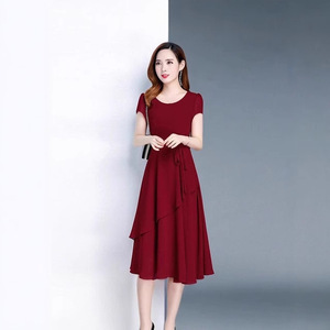 High Waist A-Line O-Neck Mid-Length Casual Dress For Women Simple Loose Fit Daily Wear Plus Size Pink - Product Image 3
