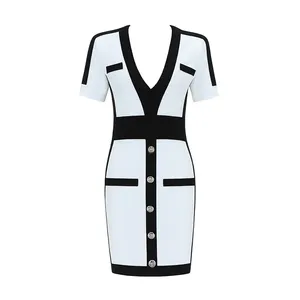 Latest Women Stretch Fabric Casual Dress Long Sleeve Designs Midi Black and white Color Block Fashion Bandage Dress