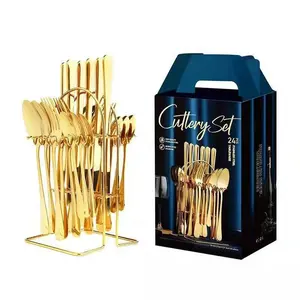 Luxury 24 pcs Gold Plated Stainless Steel Cutlery Flatware Set With Hanging Stand