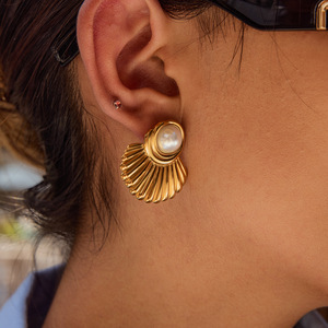 Pearl <b>Stud</b> <b>Earrings</b> Gold Plated Fan Shape Bezel Set Everyday Wear - Product Image 2