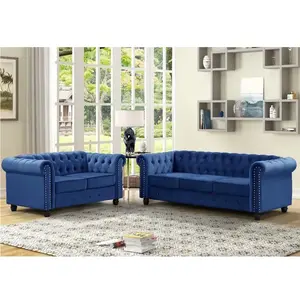 Dongguan Tianhang Furniture High Loadability ODM OEM Hand-assembled TuftedLOVESEAT+ONE SOFA 2- Piece Blue Velvet Living Room Set