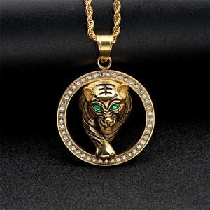 Hip Hop Stainless Steel Round Pendant Necklace Zircon tiger Pendant Necklace - Product Image 3