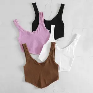 Bán Buôn Phụ Nữ Của Quần Áo Tops Đồng Bằng Trống Gân V Cổ Tank Top Phong Cách Phụ Nữ Sang Trọng Của Mùa Hè Trang Phục Cắt Gân Tank Top