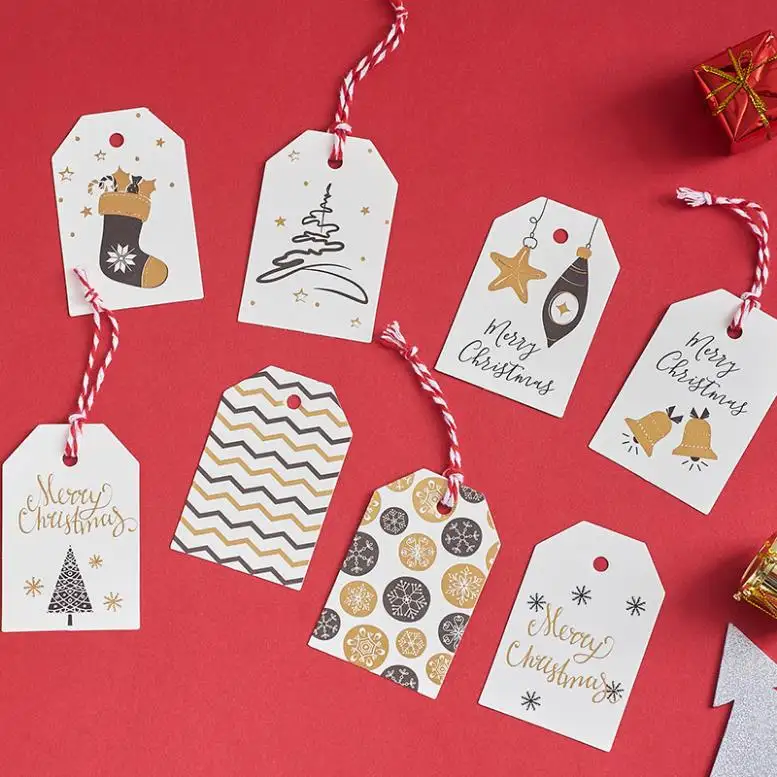 DF custom shape size brown printing premium cartoon Merry Christmas Eve tree pendant socks with string seed kraft paper hang tag