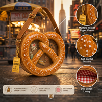 Sac à bandoulière personnalisé style Pretzel, sac Ita, avec fenêtre transparente ronde en PVC pour affichage, doublure Deli Check, breloque pochette moutarde, sac souple style NY