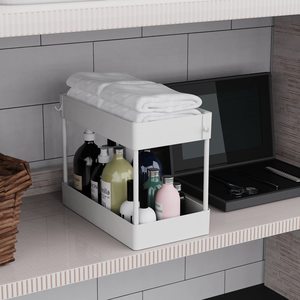 Under <strong>Bathroom</strong> <strong>Sink</strong> <strong>Storage</strong> 2 Tier Organizer Bath Collection Baskets White Under <strong>Sink</strong> Cabinet Organizer with Hooks - Product Image 6