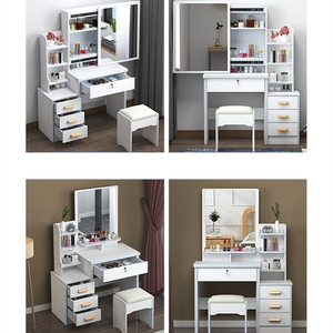 Dressing Table Set With <strong>Stool</strong>, Wood Makeup Desk Vanity With Round Mirror Desk and <strong>Cushioned</strong> <strong>Stool</strong> Set - Product Image 4
