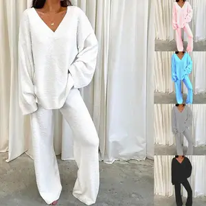 Damen Trainings anzug 2 Stück Casual Soft Deep V-Ausschnitt Solid Sweat suit Lounge Pyjamas Set Freizeit kleidung
