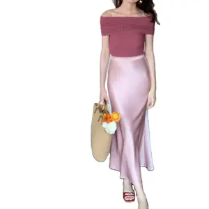 New Design Women Custom Solid Pink Mermaid Soft Shiny Satin Silk Midi Skirt Classic Elegant High Waist Skirt For Office Ladies