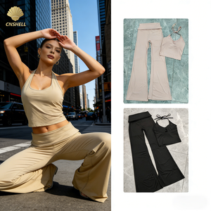 Ensemble de vêtements de <span class=keywords><strong>sport</strong></span> pour femmes, <span class=keywords><strong>2</strong></span> pièces, tenue de <span class=keywords><strong>sport</strong></span>, haut court à col halter, leggings évasés - Product Image 1