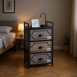 Industrial 3 Drawer Dresser Fabric Steel <b>Frame</b> Brown <b>Black</b> Freestanding Bedroom Storage Unit - Product Image 2