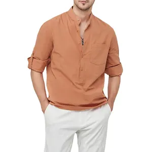 قميص غير رسمي بلون واحد قميص هنري قطن وكتان بأكمام طويلة للرجال قميص من القطن الخالص