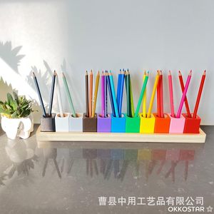 Wooden <b>Pen</b> Holder Multi Color Square Desk Storage <b>Box</b> For Pencils And Markers - Product Image 1