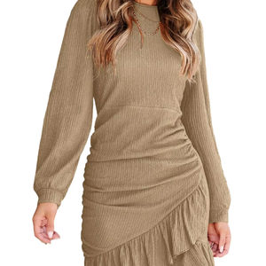 <b>Women</b> Ruched Fall <b>Dress</b> Smocked Ruffle Hem O-Neck Long Sleeve Bodycon <b>Sexy</b> Casual Holiday Solid Handmade Spring Knee-Length - Product Image 1