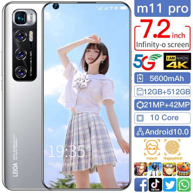 New Big Screen 4G Android10 Unlocked HD SmartPhone7.2 Inch 12GB+512GB Mobile Phones M11pro Big Battery Game Phone