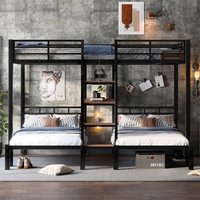 Lit superposé en métal Queen sur Twin avec étagères de rangement et escalier de rangement, lit superposé triple en métal, ODM/OEM disponible