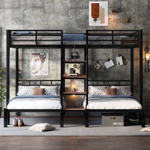 Litera triple metálica Queen sobre Twin sobre Twin con estantes <span class=keywords><strong>de</strong></span> almacenamiento y escaleras <span class=keywords><strong>de</strong></span> almacenamiento, ODM/OEM disponible - Product Image 2
