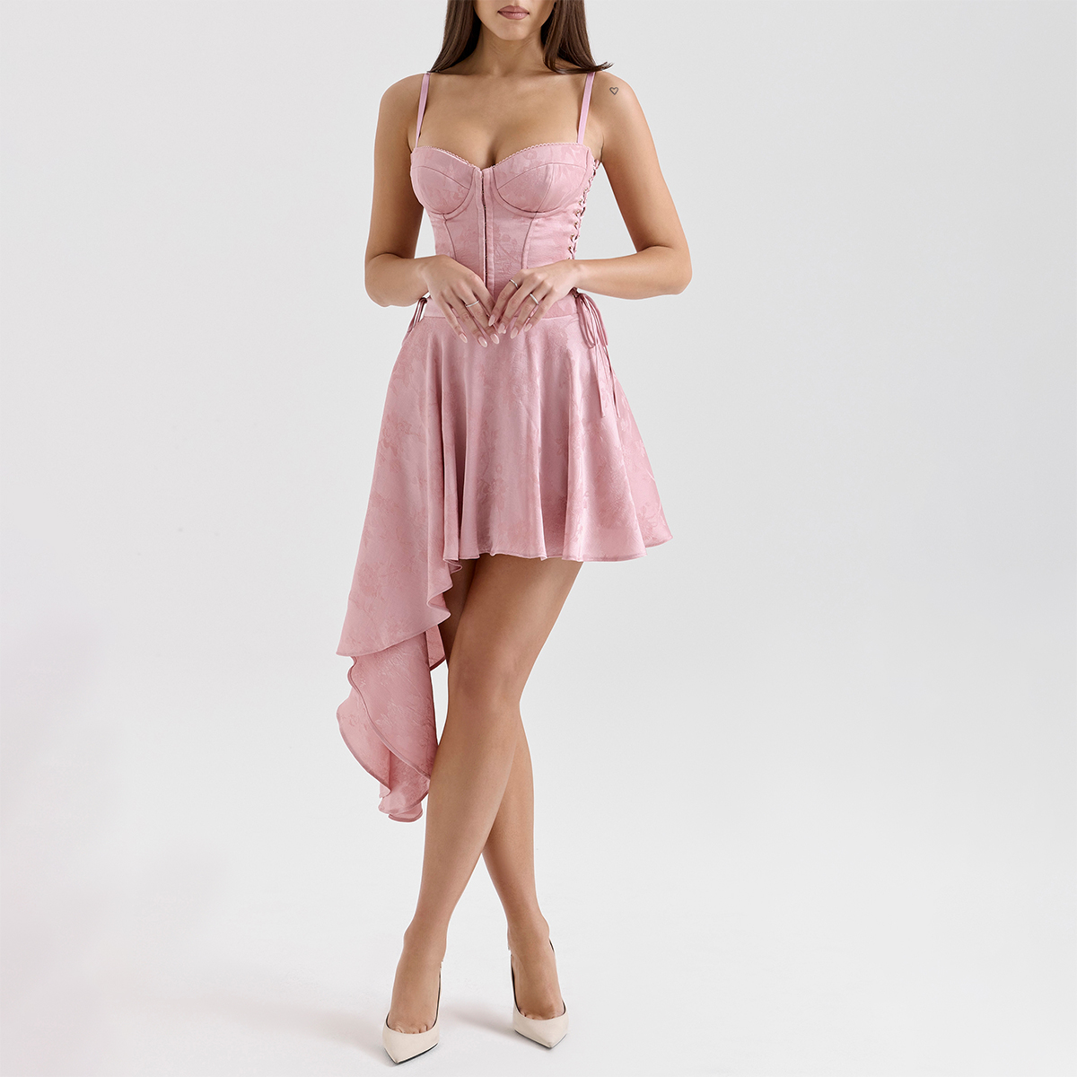 OEM Pink Jacquard Draped Mini Dress - Elegant Party Wear