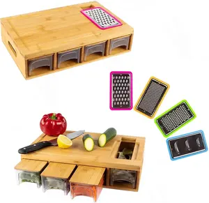 竹菜板定制带4个容器4种不同类型的刨丝器厨房水果蔬菜切割工具