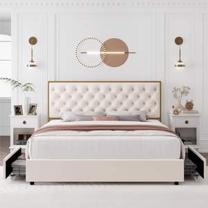 โครงเตียงหุ้มด้วยลิ้นชักเก็บของ4อันและกระดุมทำมือหัวเตียงกำมะหยี่ขนาดใหญ่พร้อมไม้ระแนง - Product Image 2