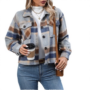 2024 Autumn Winter Spring Plaid Flannel Shacket Women's Single Breasted Lapel Button Down <b>Short</b> Cropped Polyester <b>Jackets</b> - Product Image 1