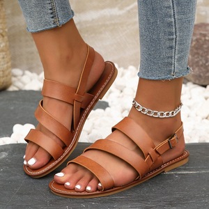 Sandales plates multi-brides pour femmes, à bout ouvert, avec bride de cheville réglable à boucle, pour l'été, décontractées, de plage, vente en gros - Product Image 1