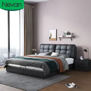 modern bedroom furniture 1.8m queen wood+black leather king size wooden frame double bed