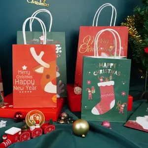 Özel logo baskılı goody parti hediye noel merry christmas kraft kağıt taşıma çantası