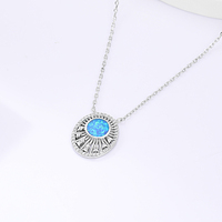 Collier vintage en argent sterling S925 massif avec pendentif fin en opale synthétique bleue ronde et cadre en zircon cubique rayonnant effet soleil