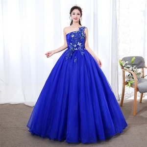 One Shoulder Blue Evening Gown Ball Gown Empire Waistline Wedding Dress For Women - Product Image 1