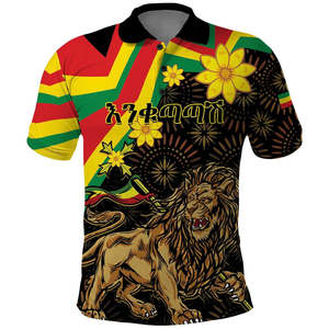 Enkutatash Etiopía Año Nuevo Polo León de Judá Adey <span class=keywords><strong>Abeba</strong></span> Flor al por mayor NO MOQ Ethiopan bandera hombres polos - Product Image 1