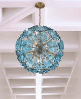 Lustre Globe à fleurs moderne de style glamour de Murano, couleur bleue, verre soufflé avec cadre métallique en laiton, suspension Art déco