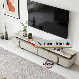 Mueble de TV de Lujo con Tapa de Mármol Natural, Base Flotante de MDF y Detalles Geométricos, Mueble Artístico <span class=keywords><strong>para</strong></span> el Hogar - Product Image 4