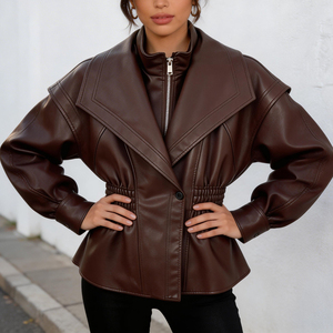 OFTBUY Veste en cuir PU pour <span class=keywords><strong>femme</strong></span>, col montant, élégante, style moto, manteau trench, vêtement d'extérieur, streetwear, printemps automne - Product Image 1