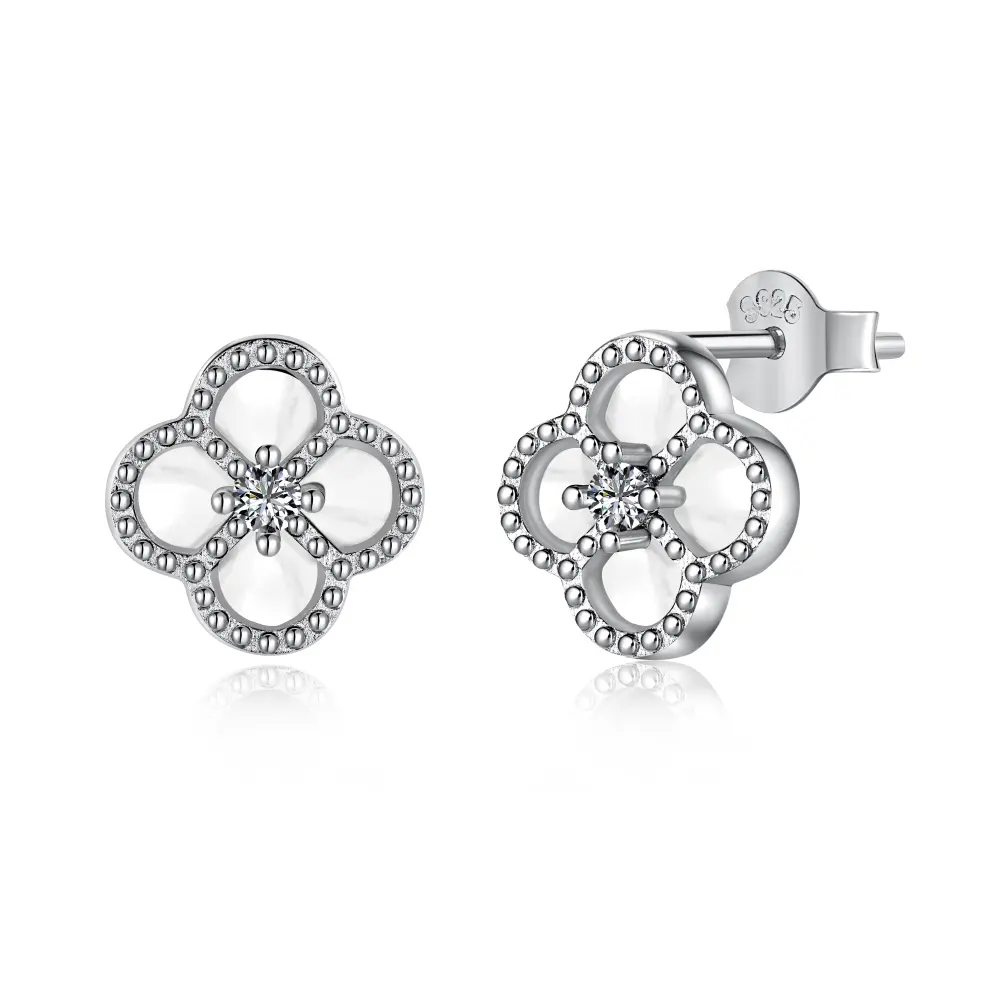 Dylam Dainty Design 925 Sterling Silver Rhodium Plating 5A Cubic Zirconia Lucky Black Agate White Shell Clover Stud Earrings