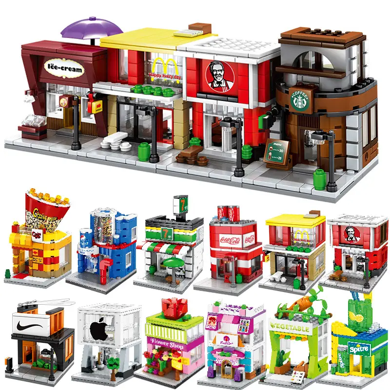 City street view shop mainan miniatur, set mainan blok bangunan batu bata mini kit rumah miniatur diy partikel mikro 3d 2024 Arsitektur