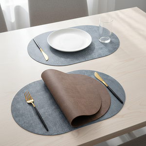 Premium ovale dubbelzijdige placemats van PU leer, creatief vintage stoffen textuur, hittebestendig, tafelonderleggers - Product Image 3