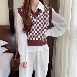 Chalecos sin mangas con diseño de tablero de ajedrez en varios colores, chalecos básicos con cuello en V, chalecos cortos de punto para mujer - Product Image 4