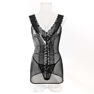 Fancy Zwart Kanten Nachthemd 2 Stuks Sets Ultradunne Mesh Pure Bandage Jurk En Strings Pak Sensueel Verleidelijk Alleen Fans Kostuum - Product Image 3